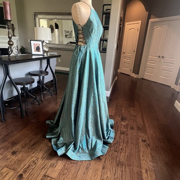 Juliet Formal Gown Size XXL Prom HOCO Dress Teal Sparkle Lace Up Sides High Neck - Picture 5 of 17